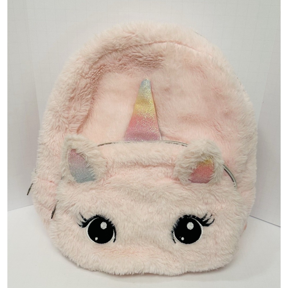 Pink Plush Faux Fur Unicorn Kids Backpack Rainbow Glitter Horn 12in Bag